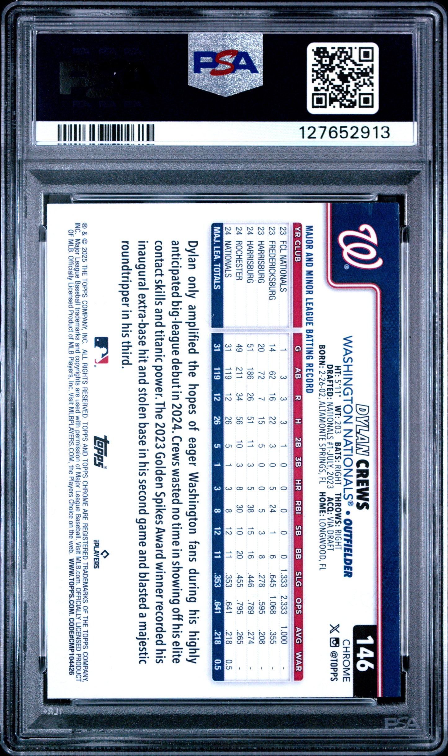 Graded 2025 Topps Chrome Dylan Crews #146 Rookie RC Baseball Card PSA 10 Gem Mint