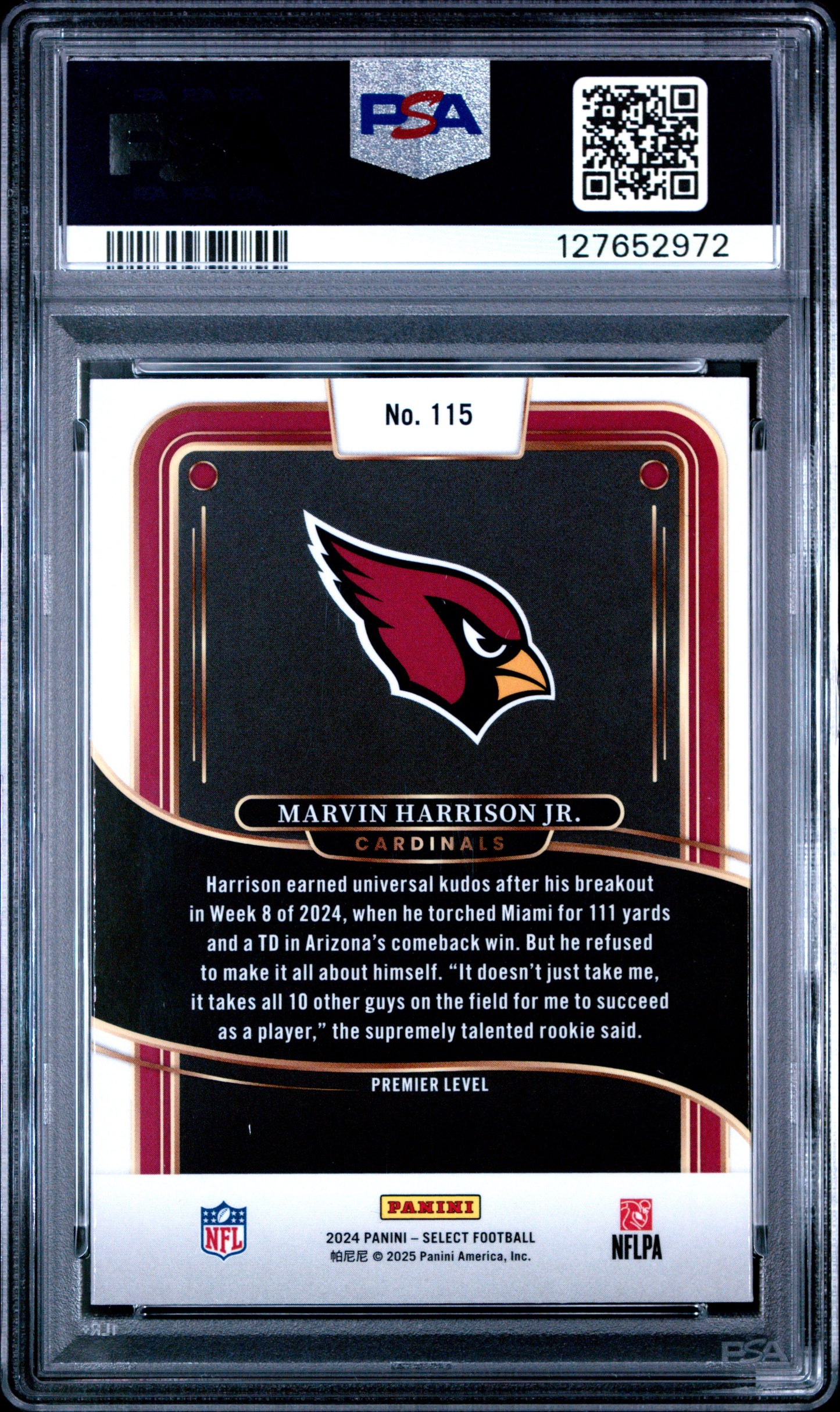 Graded 2024 Panini Select Marvin Harrison Jr. #115 Rookie RC Football Card PSA 9 Mint