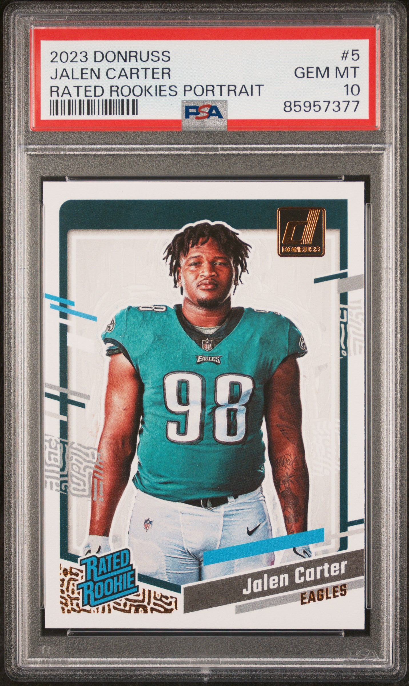 Graded 2023 Panini Donruss Jalen Carter #5 Rated Rookies Portrait Rookie RC Football Card PSA 10 Gem Mint