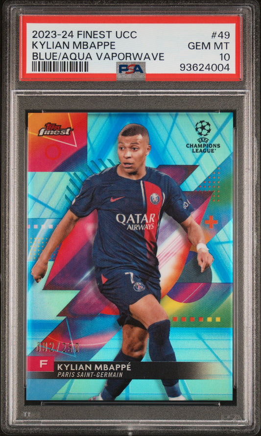Graded 2023 Topps Finest UCC Kylian Mbappe #49 Blue/Aqua Vaporwave /250 Soccer Card PSA 10 Gem Mint