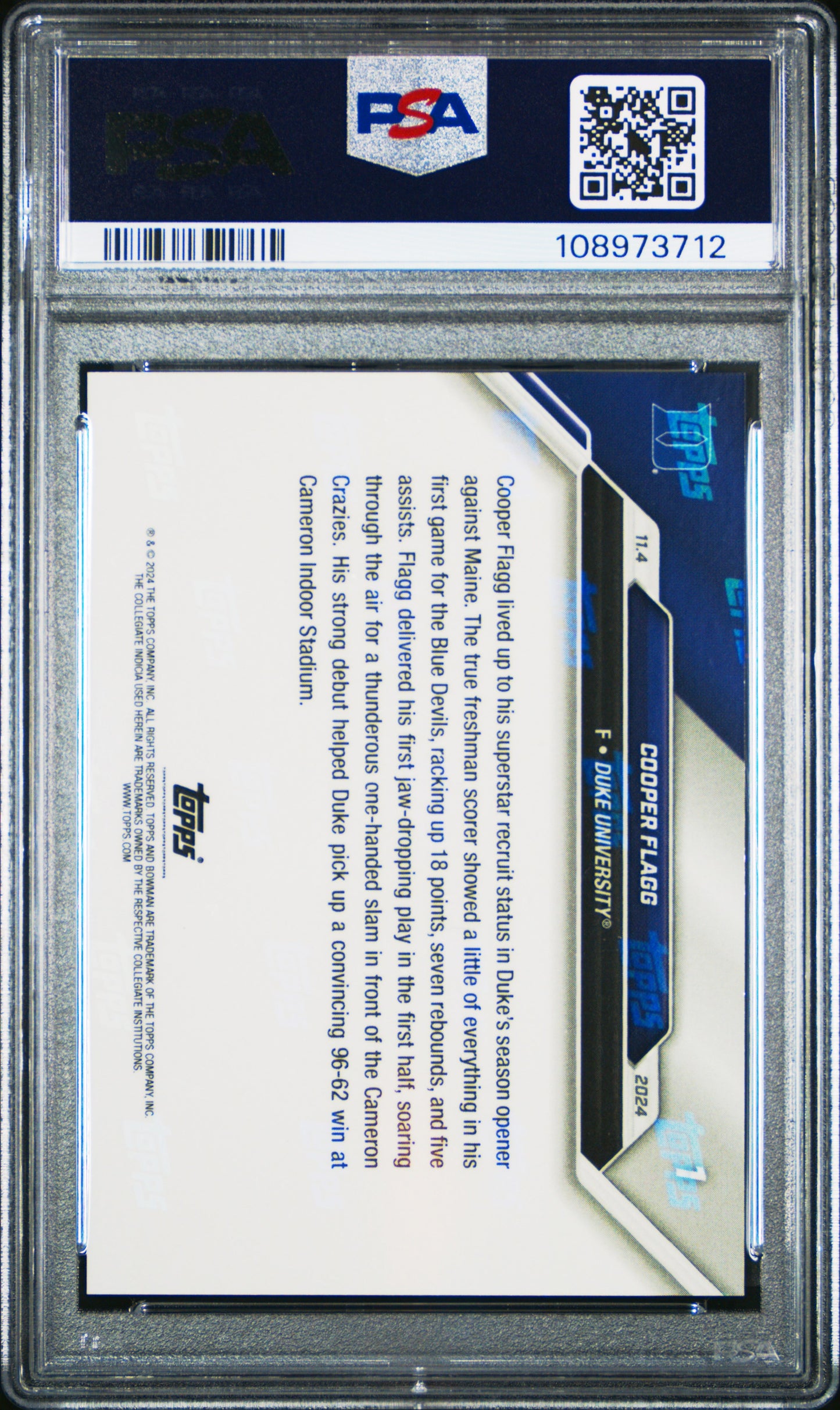 Graded 2024 Topps Bowman U Now Cooper Flagg #1 Purple /25 NCAA Debut Rookie RC Basketball Card PSA 10 Gem Mint