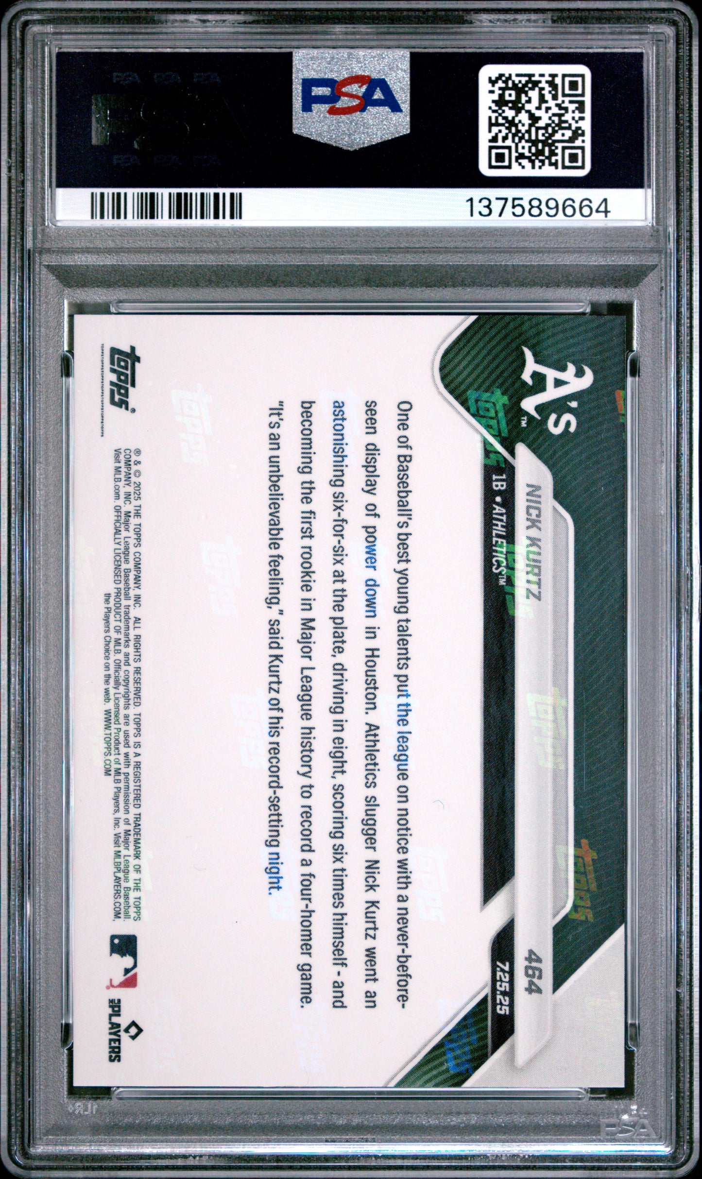 Graded 2025 Topps Now Nick Kurtz #464 Rookie RC Baseball Card PSA 9 Mint