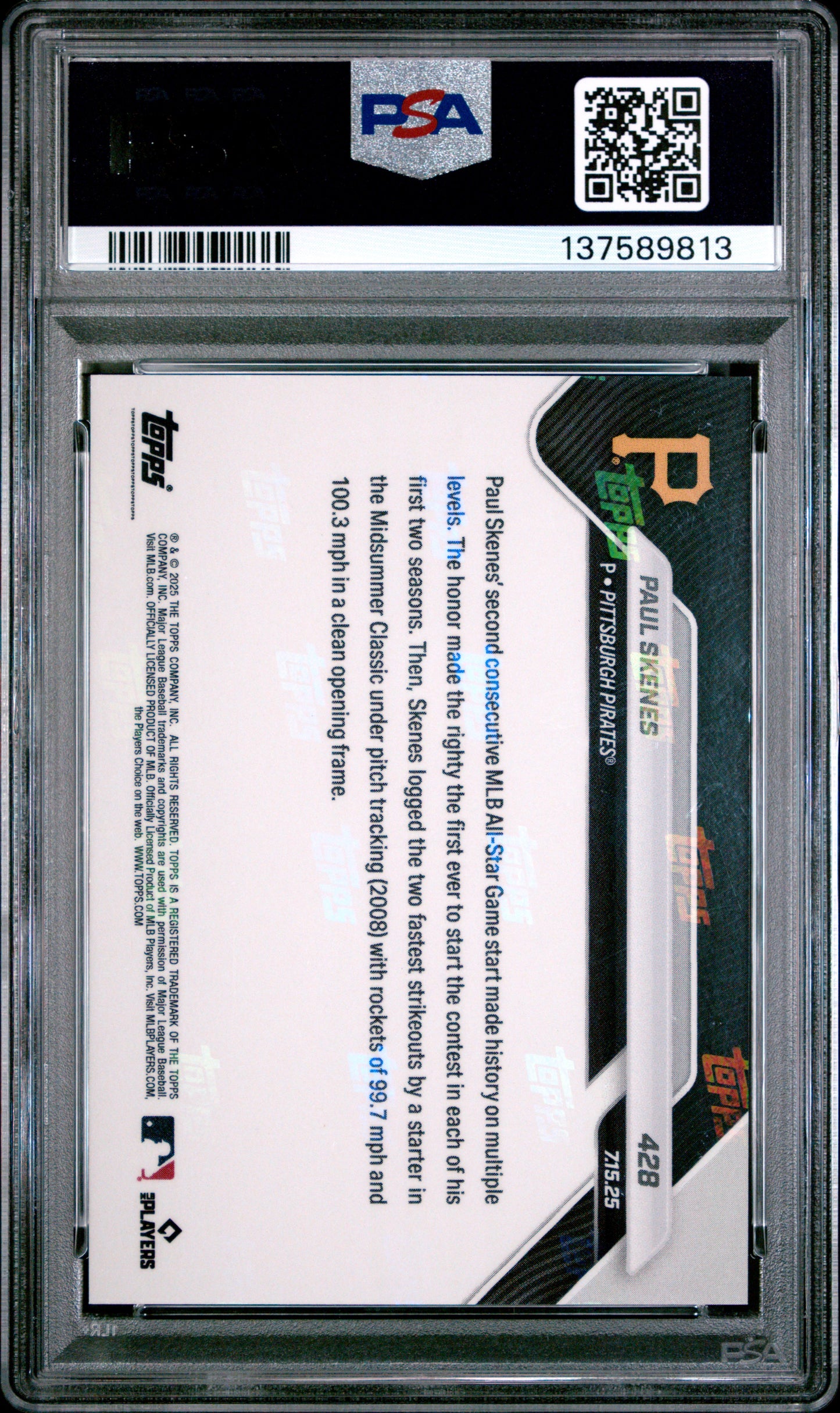 Graded 2025 Topps Now Paul Skenes #428 Baseball Card PSA 9 Mint