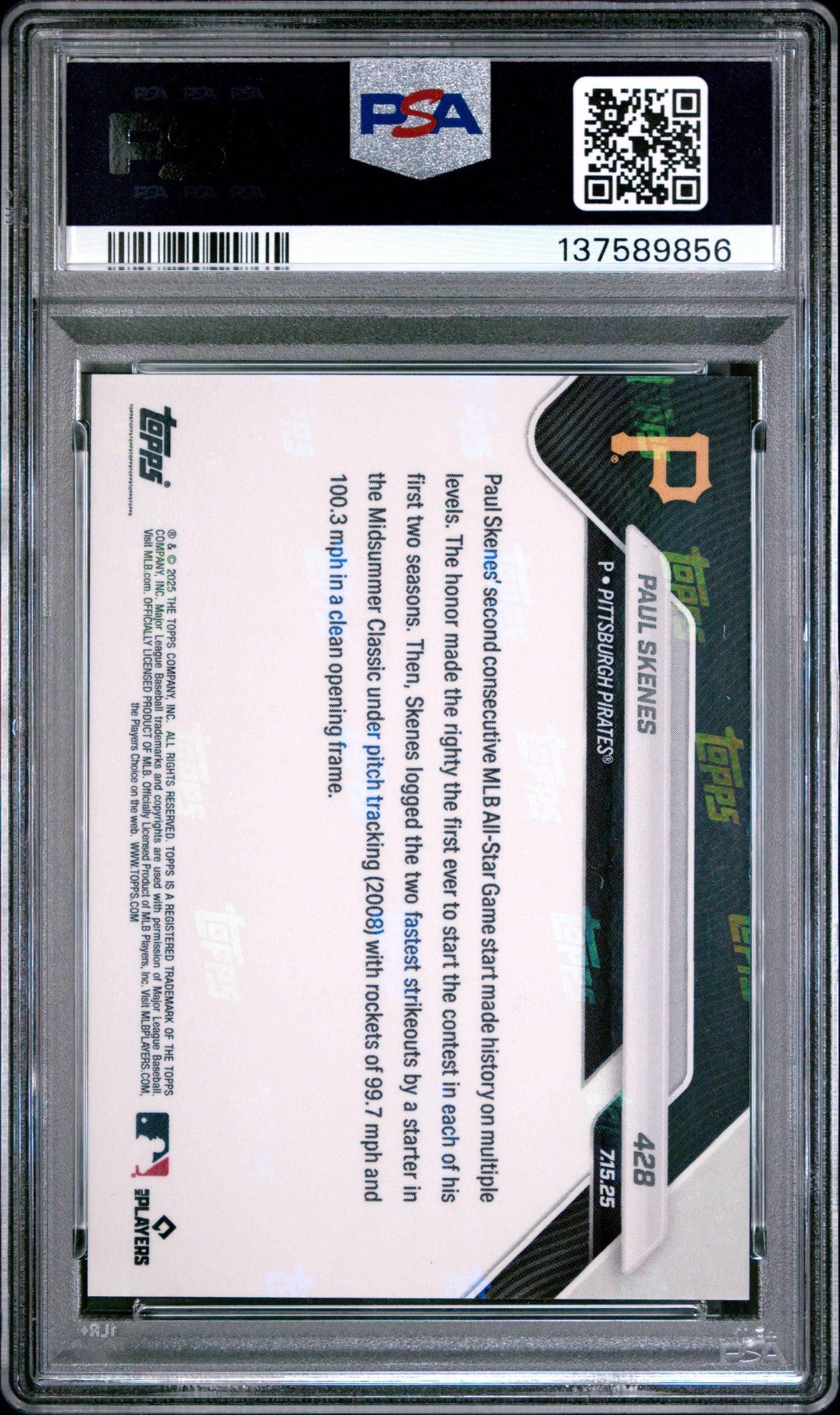 Graded 2025 Topps Now Paul Skenes #428 Baseball Card PSA 8 Near Mint
