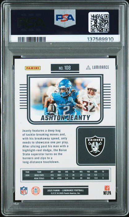Graded 2025 Panini Luminance Ashton Jeanty #108 Rookie RC Football Card PSA 10 Gem Mint