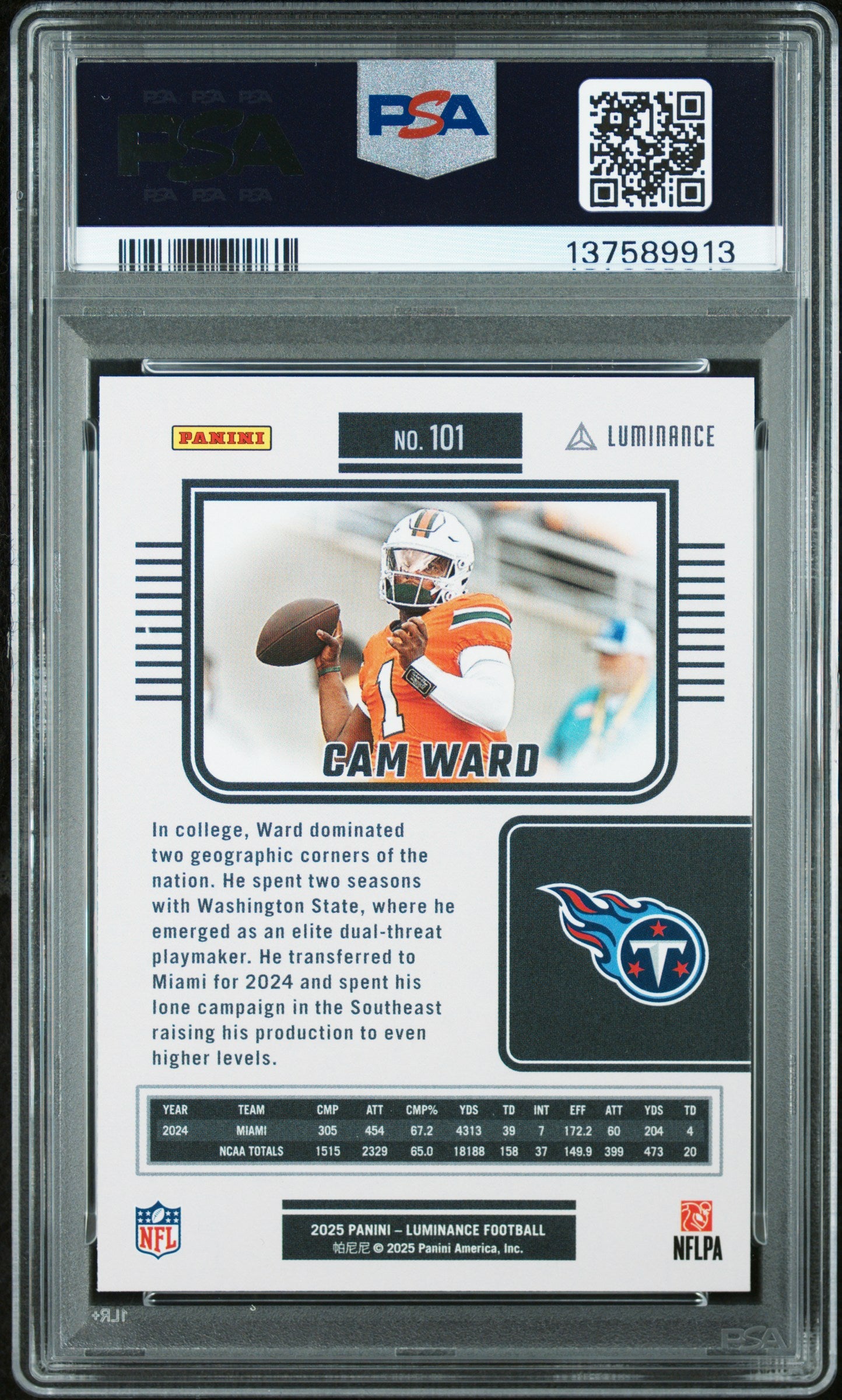 Graded 2025 Panini Luminance Cam Ward #101 Rookie RC Football Card PSA 9 Mint