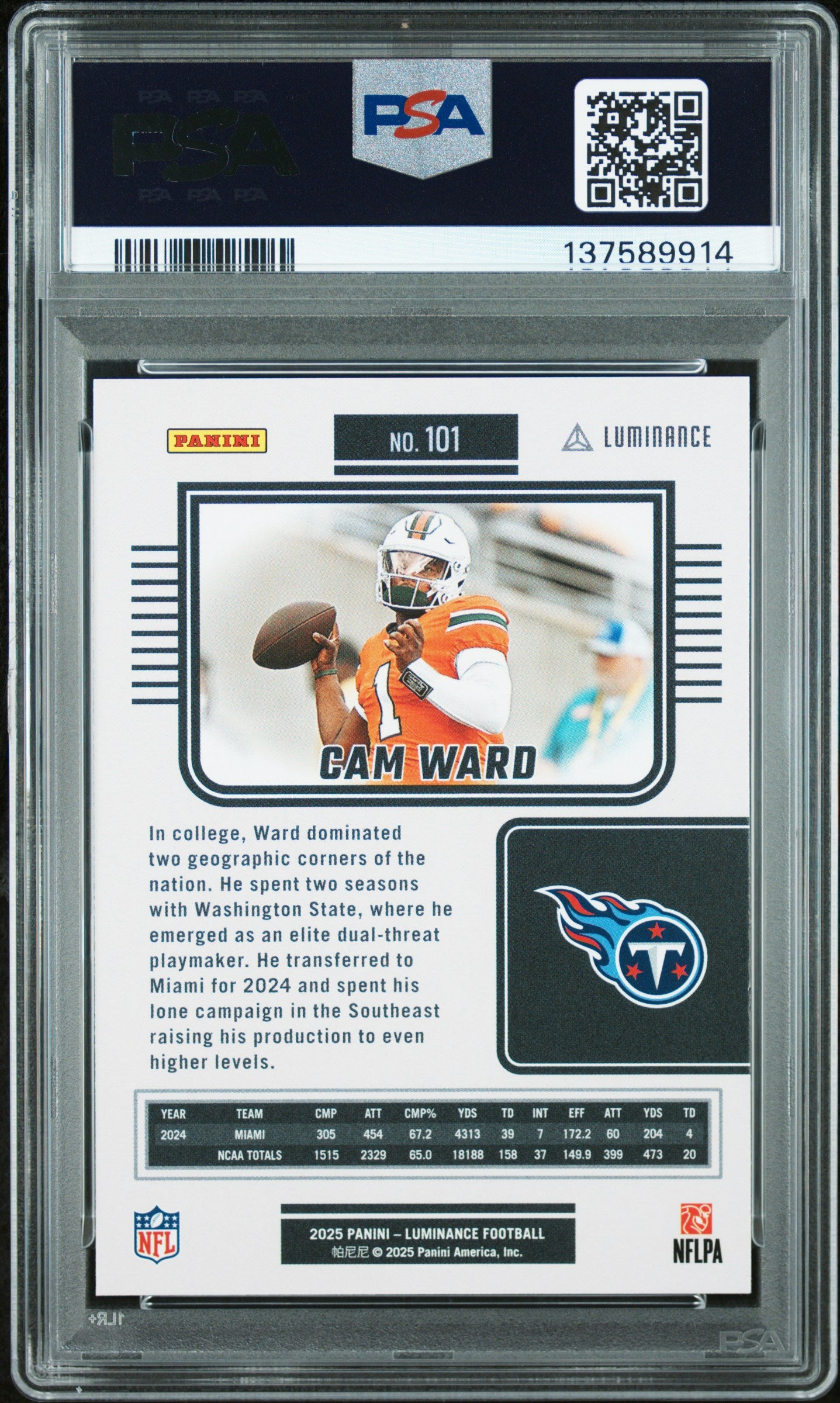 Graded 2025 Panini Luminance Cam Ward #101 Rookie RC Football Card PSA 10 Gem Mint