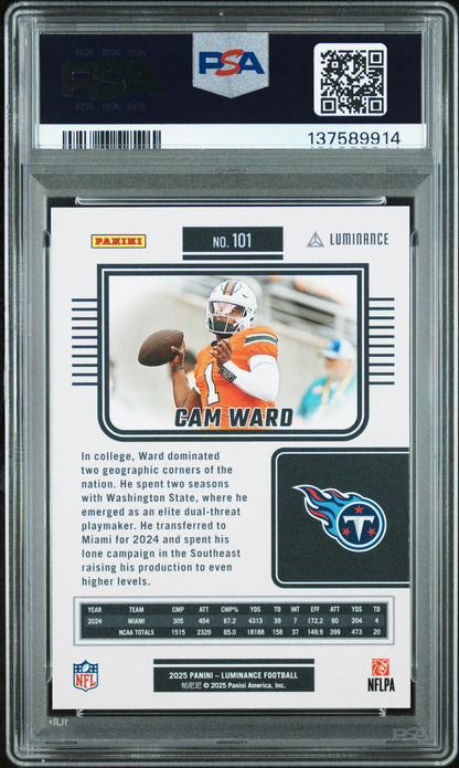 Graded 2025 Panini Luminance Cam Ward #101 Rookie RC Football Card PSA 10 Gem Mint