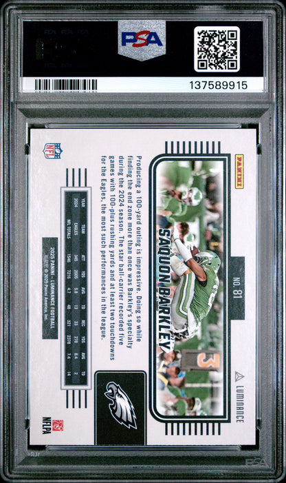 Graded 2025 Panini Luminance Saquon Barkley #81 Football Card PSA 10 Gem Mint