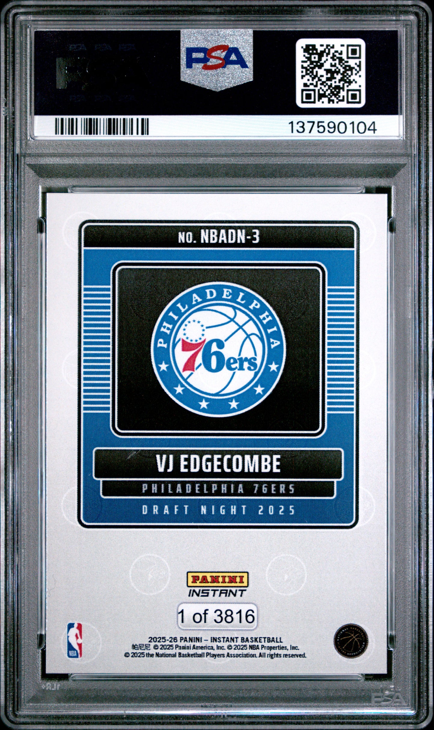 Graded 2025 Panini Instant VJ Edgecombe #3 Draft Night Rookie RC Basketball Card PSA 10 Gem Mint