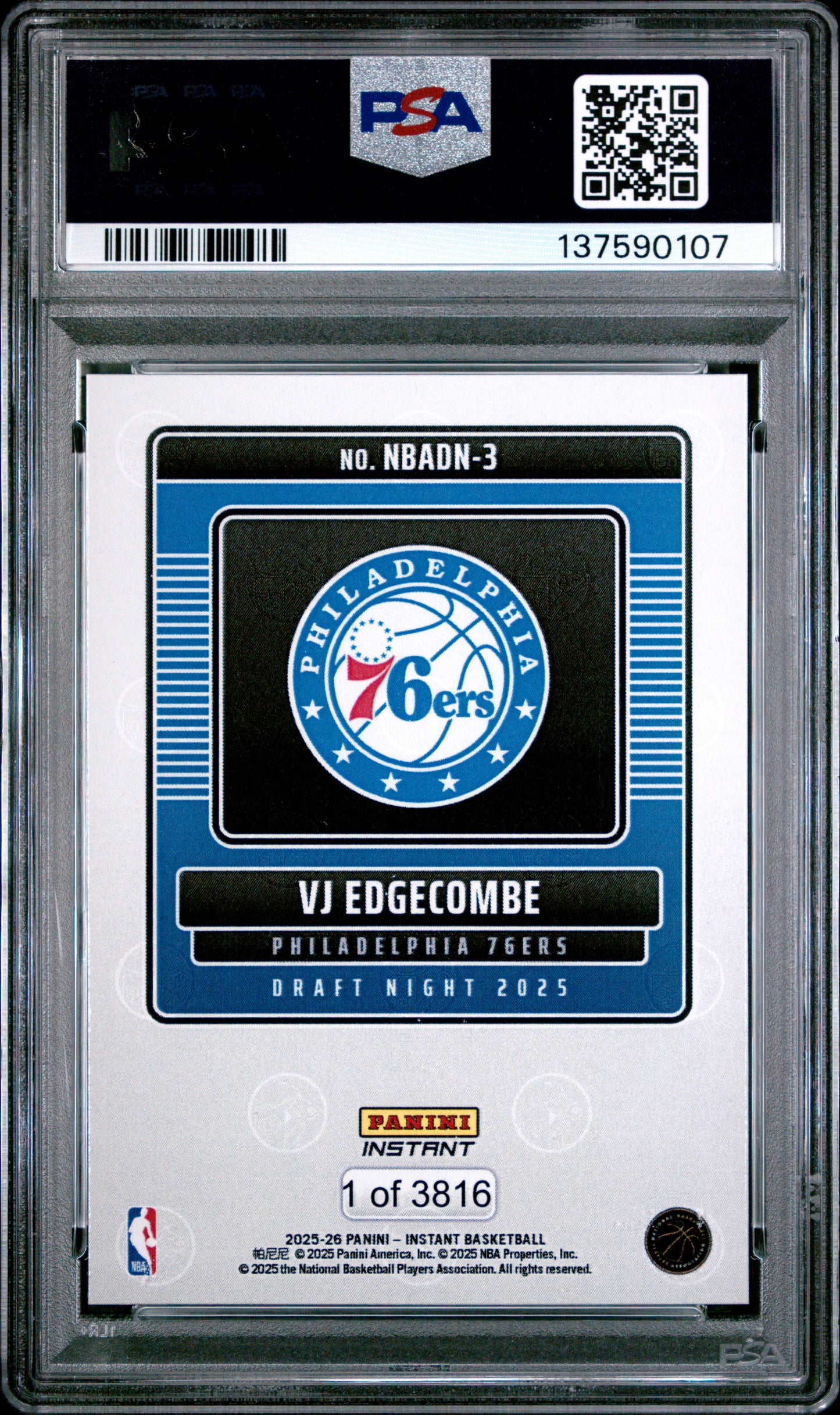 Graded 2025 Panini Instant VJ Edgecombe #3 Draft Night Rookie RC Basketball Card PSA 9 Mint