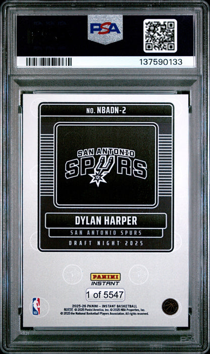 Graded 2025 Panini Instant Dylan Harper #2 Draft Night Rookie RC Basketball Card PSA 9 Mint