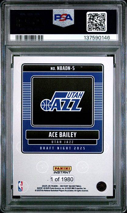 Graded 2025 Panini Instant Ace Bailey #5 Draft Night Rookie RC Basketball Card PSA 9 Mint