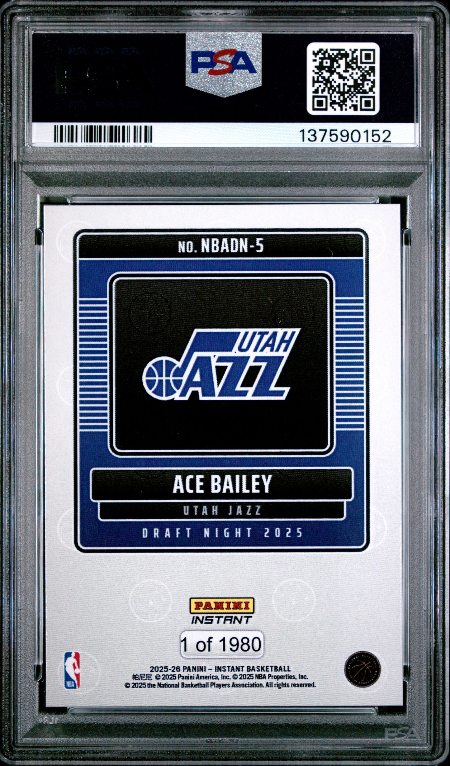 Graded 2025 Panini Instant Ace Bailey #5 Draft Night Rookie RC Basketball Card PSA 10 Gem Mint