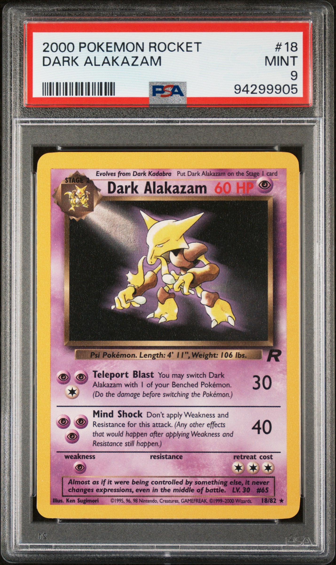 Graded 2000 PKM Rocket #18 Dark Alakazam Trading Card Game PSA 9 Mint