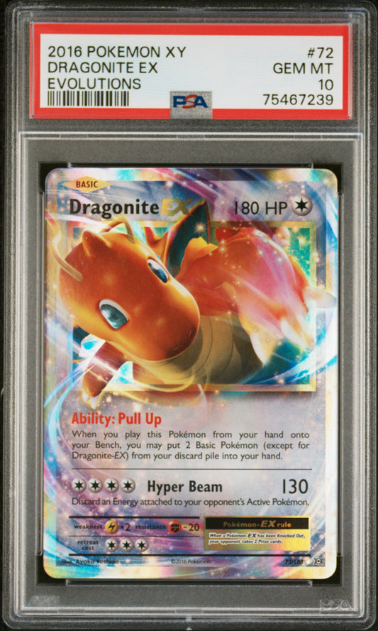 Graded 2016 PKM Xy Evolutions #72 Dragonite Ex Evolutions Trading Card Game PSA 10 Gem Mint