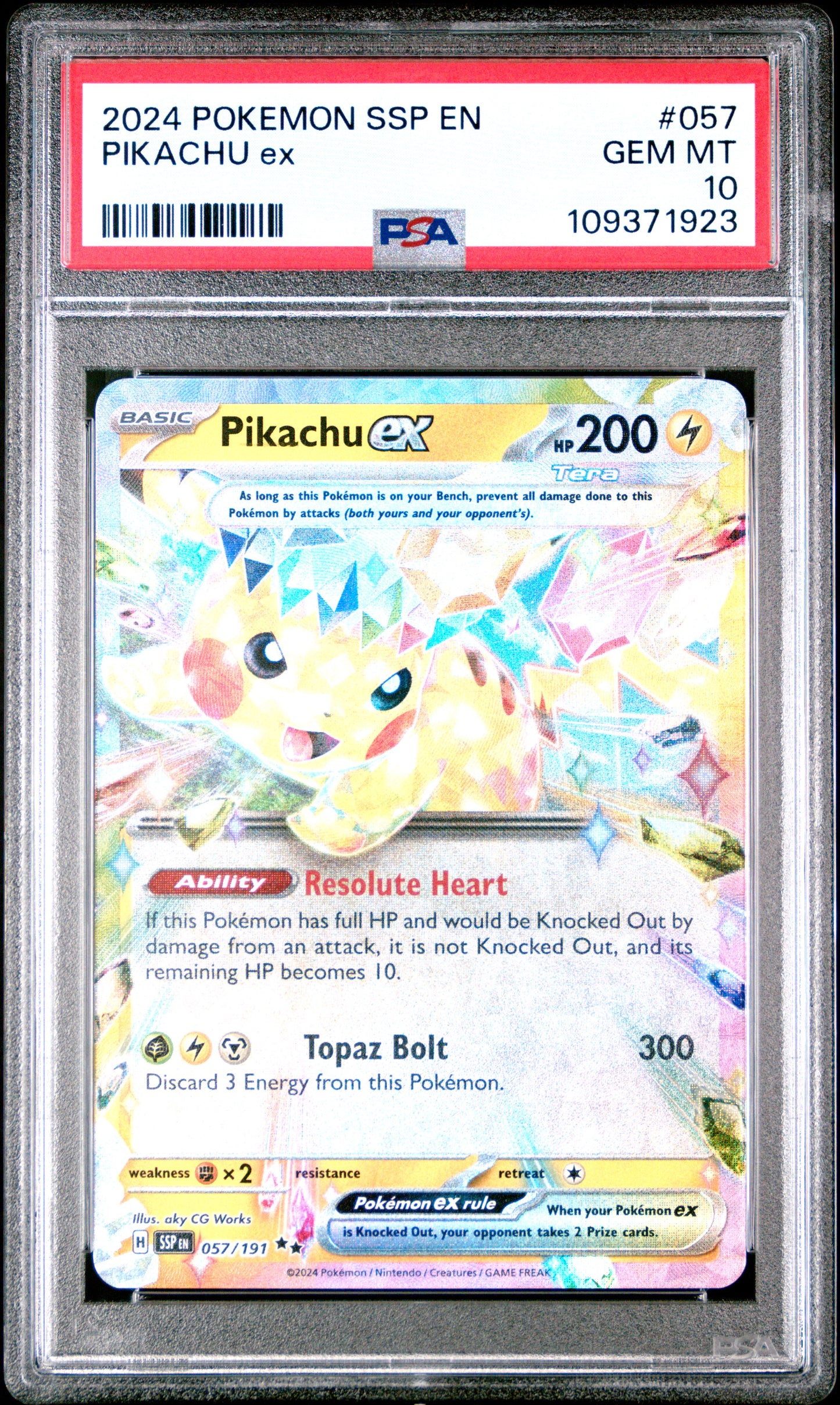 Graded 2024 PKM Ssp En-Surging Sparks #057 Pikachu Ex Trading Card Game PSA 10 Gem Mint