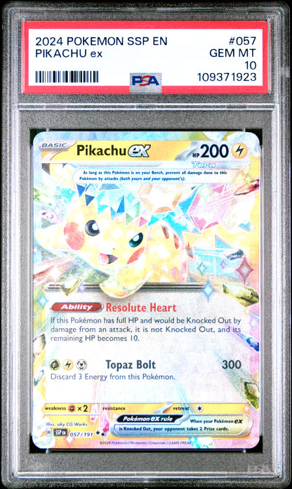 Graded 2024 PKM Ssp En-Surging Sparks #057 Pikachu Ex Trading Card Game PSA 10 Gem Mint