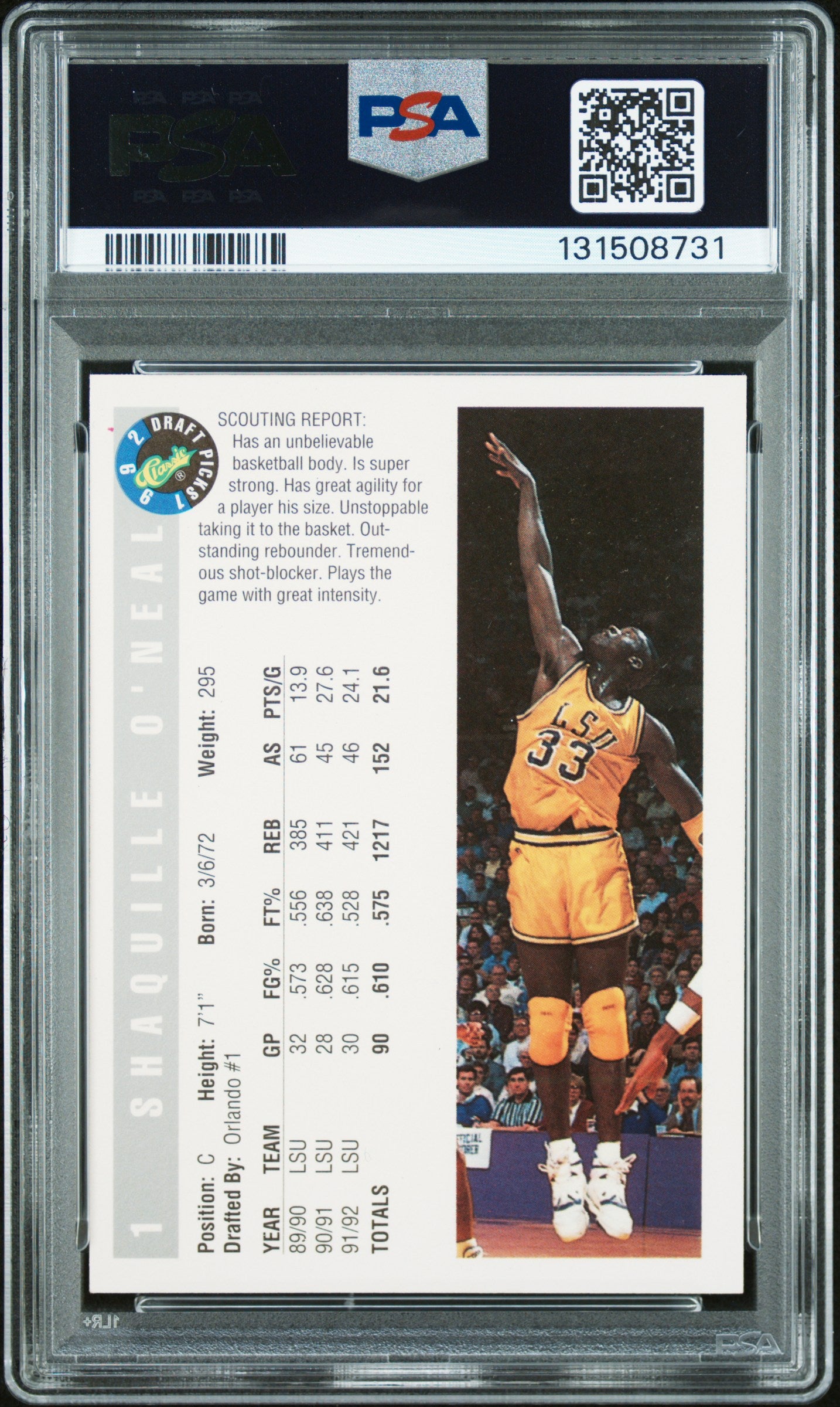 Graded 1992 Classic Draft Picks Shaquille O'Neal #1 Rookie RC Basketball Card PSA 10 Auto Grade Gem Mint