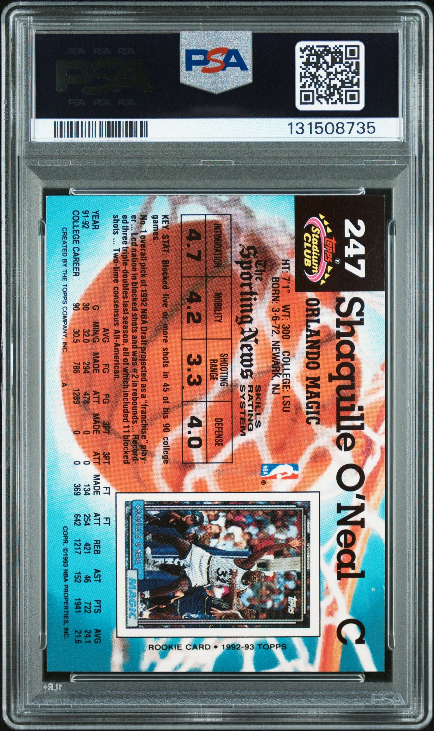 Graded 1992-93 Stadium Club Shaquille O'Neal #247 Rookie RC Basketball Card PSA 7 Auto Grade Near Mint