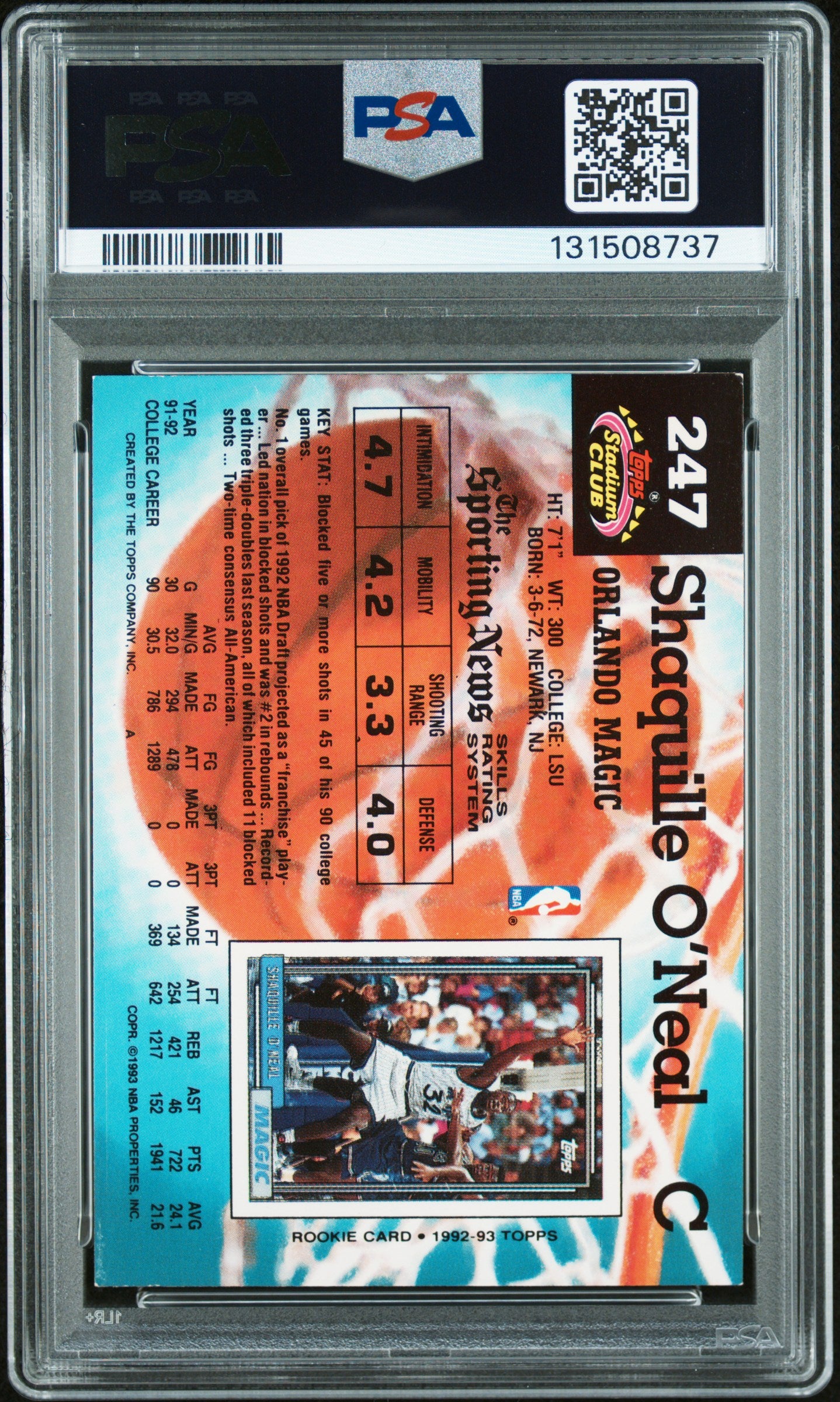 Graded 1992-93 Stadium Club Shaquille O'Neal #247 Rookie RC Basketball Card PSA 10 Auto Grade Gem Mint
