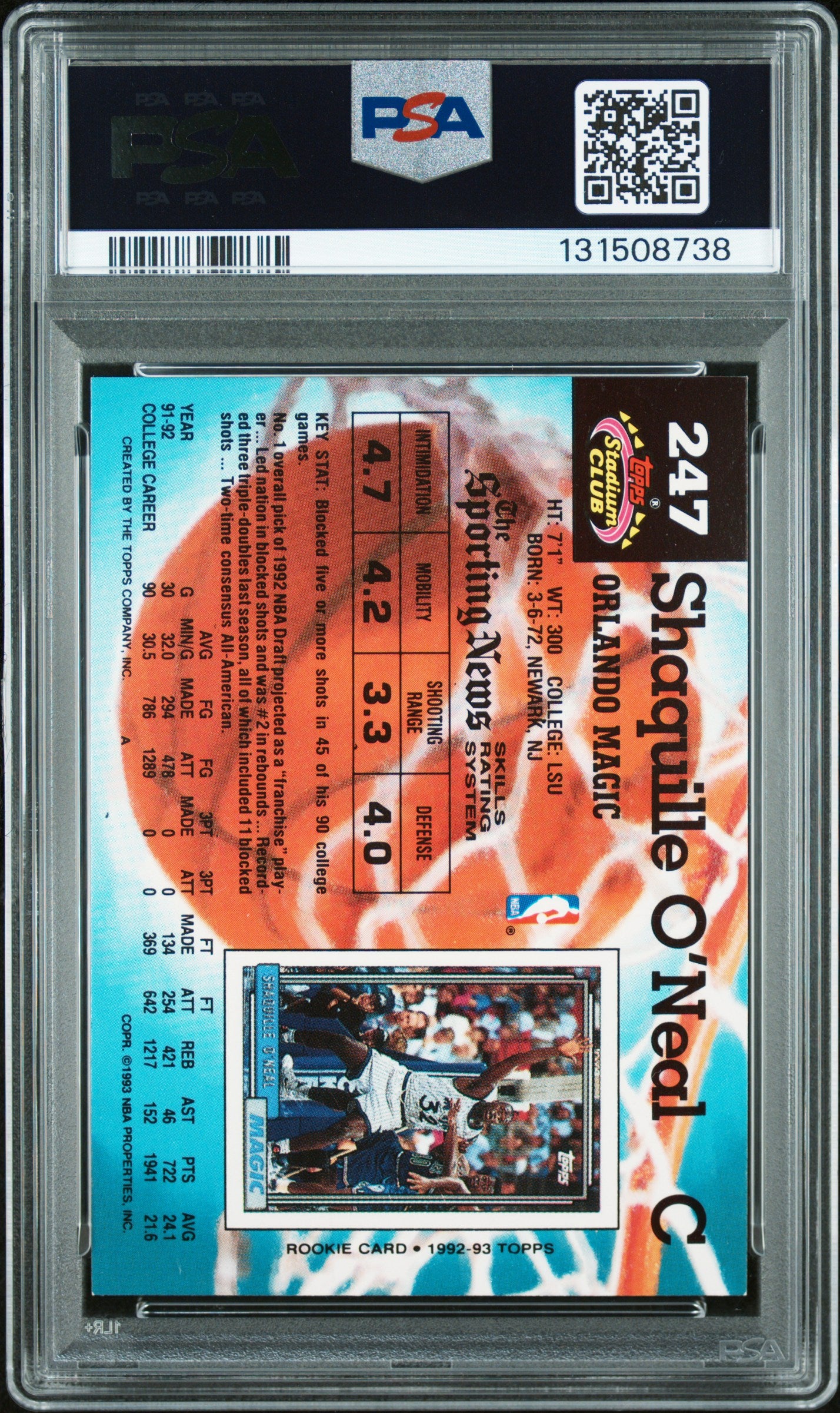 Graded 1992-93 Stadium Club Shaquille O'Neal #247 Rookie RC Basketball Card PSA 9 Auto Grade Mint
