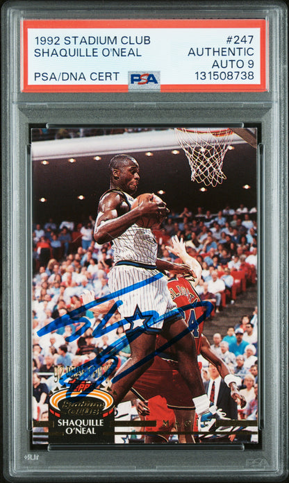 Graded 1992-93 Stadium Club Shaquille O'Neal #247 Rookie RC Basketball Card PSA 9 Auto Grade Mint