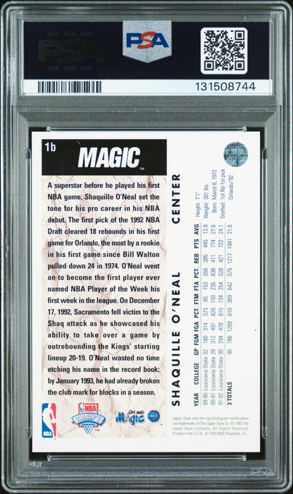 Graded 1992-93 Upper Deck Shaquille O'Neal #1b Rookie RC Basketball Card PSA 8 Auto Grade Near Mint
