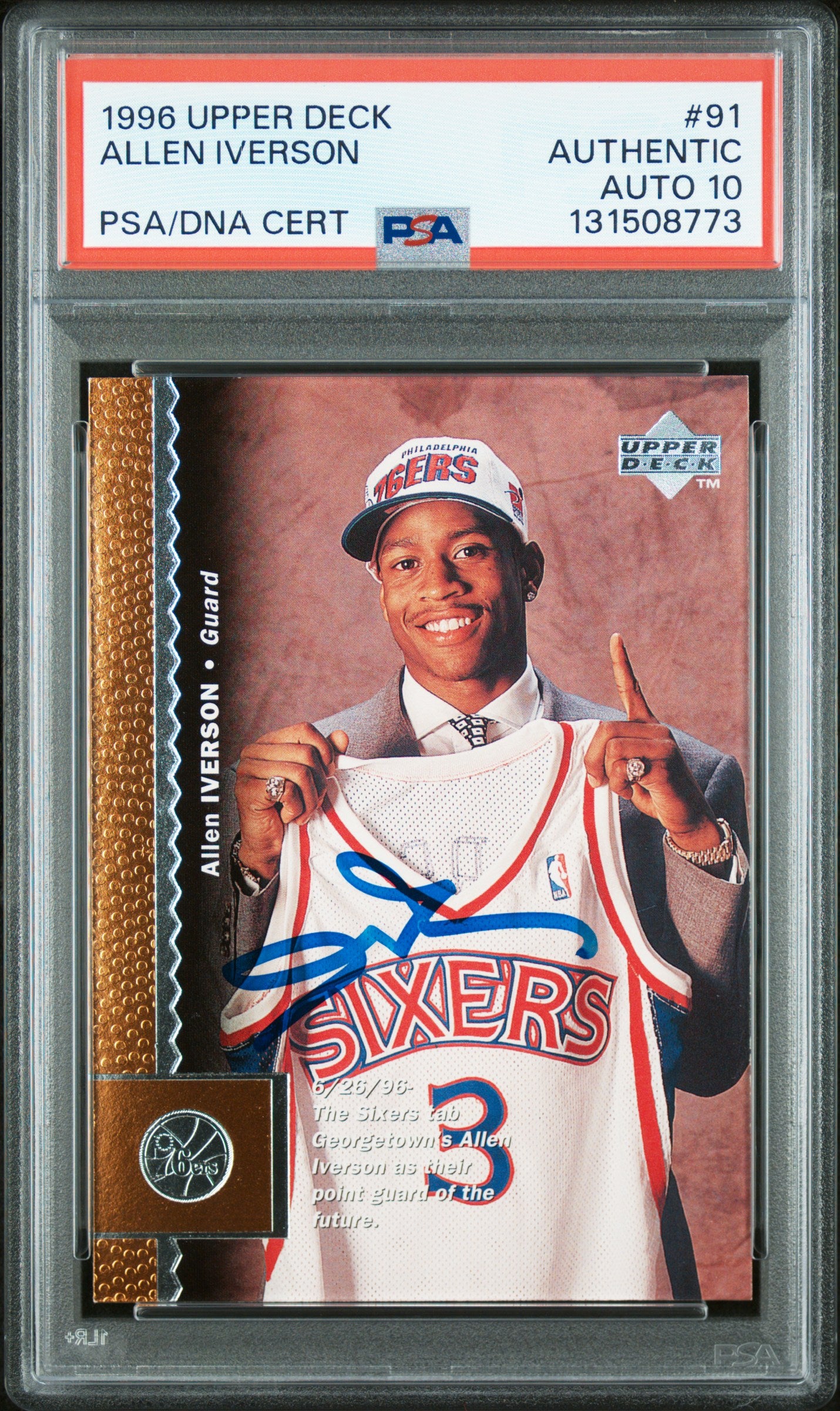 Graded 1996-97 Upper Deck Allen Iverson #91 Rookie RC Basketball Card PSA 10 Auto Grade Gem Mint