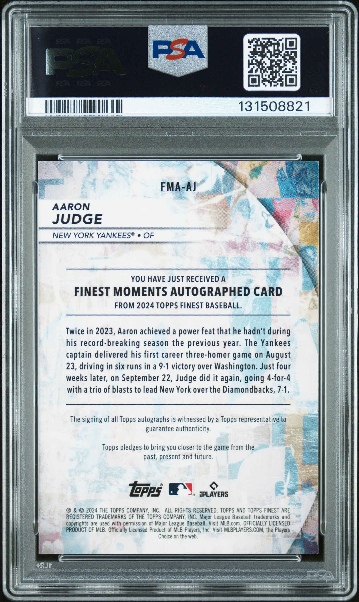 Graded 2024 Topps Finest Aaron Judge #FMA-AJ Finest Moments Autographs Baseball Card PSA 10 Auto Grade Gem Mint