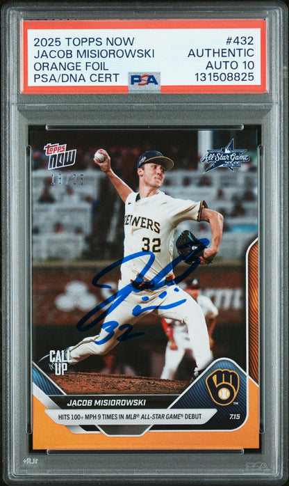 Graded 2025 Topps Now Jacob Misiorowski #432 Orange Foil /25 Rookie RC Baseball Card PSA 10 Auto Grade Gem Mint