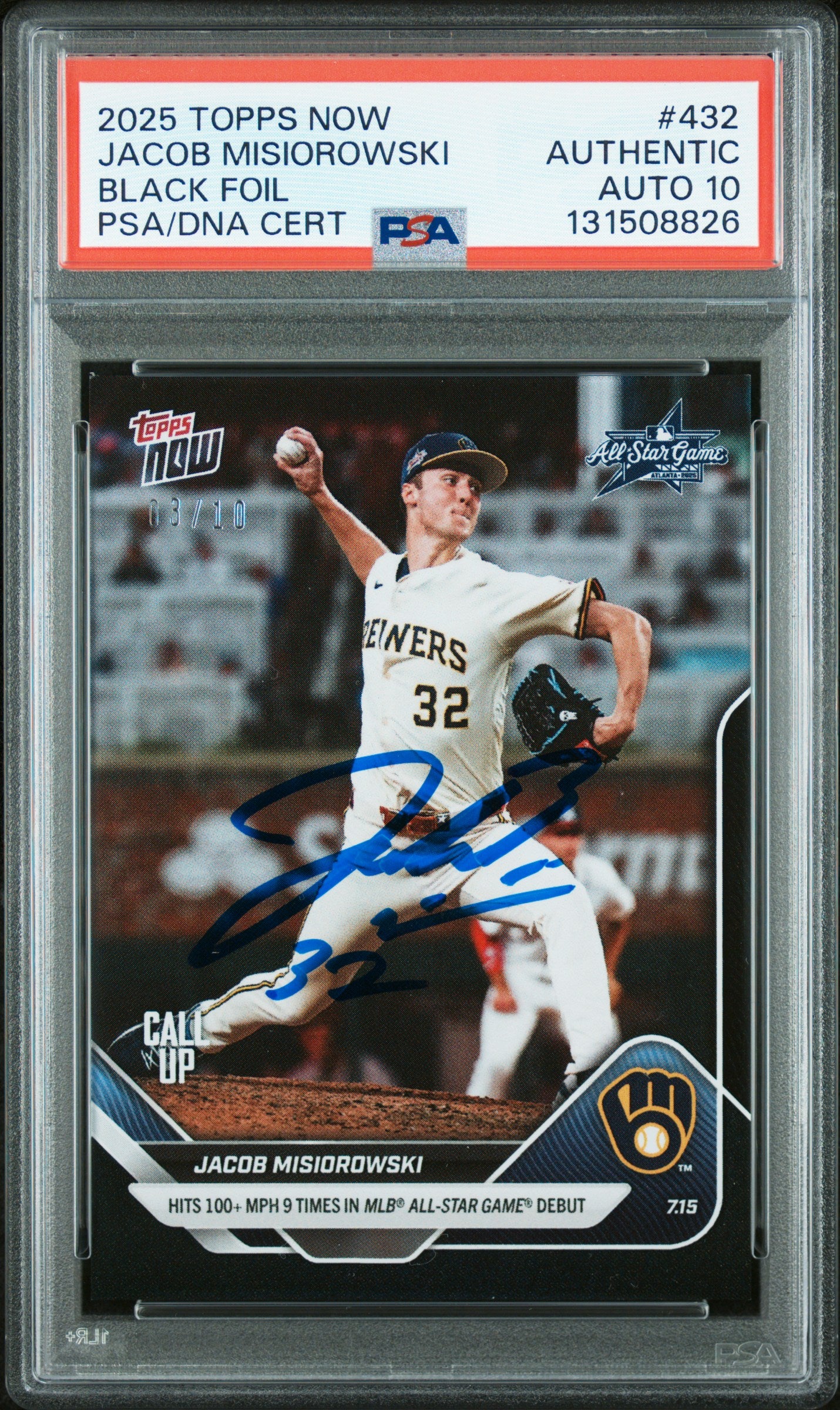 Graded 2025 Topps Now Jacob Misiorowski #432 Black Foil /10 Rookie RC Baseball Card PSA 10 Auto Grade Gem Mint