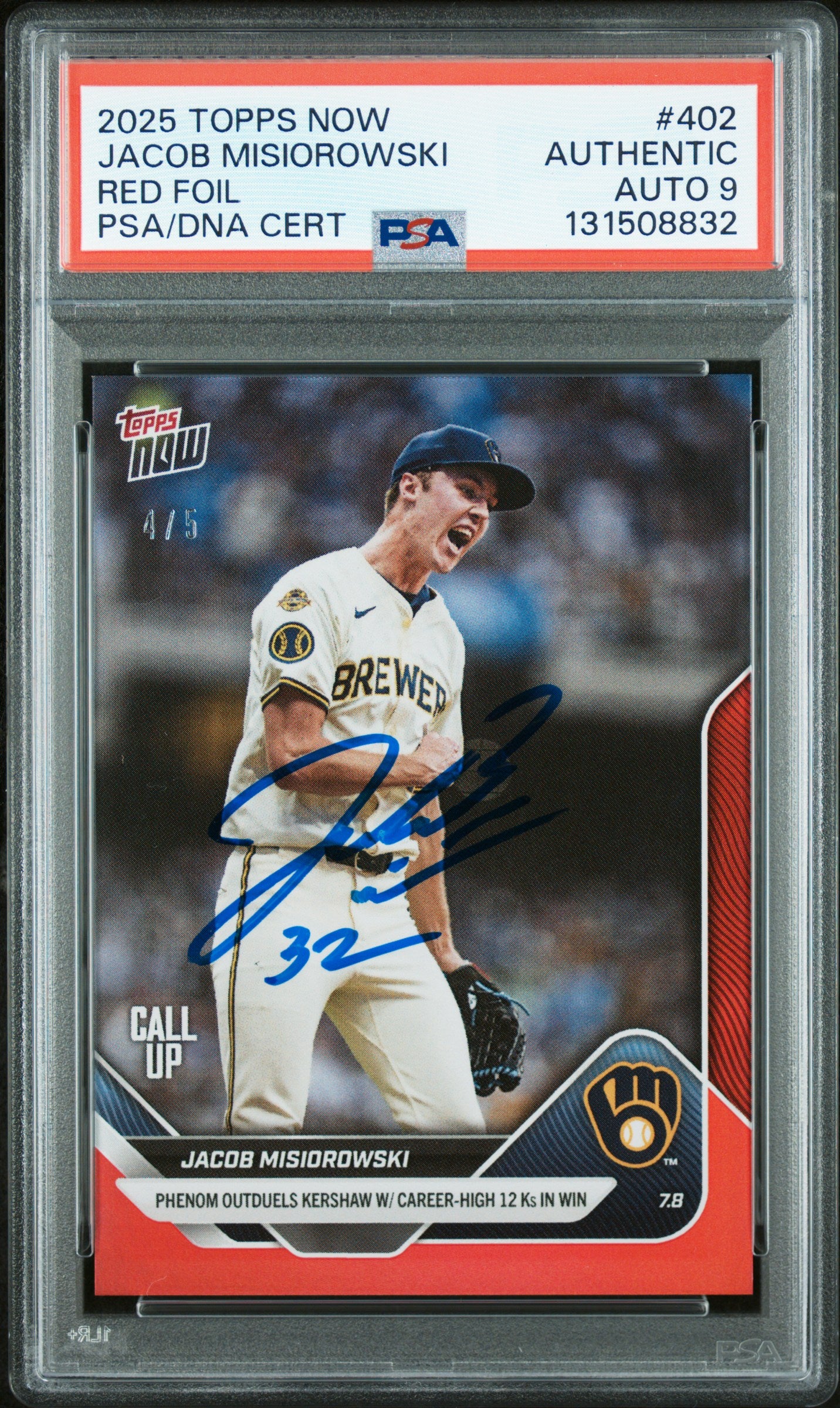 Graded 2025 Topps Now Jacob Misiorowski #402 Red Foil /5 Rookie RC Baseball Card PSA 9 Auto Grade Mint