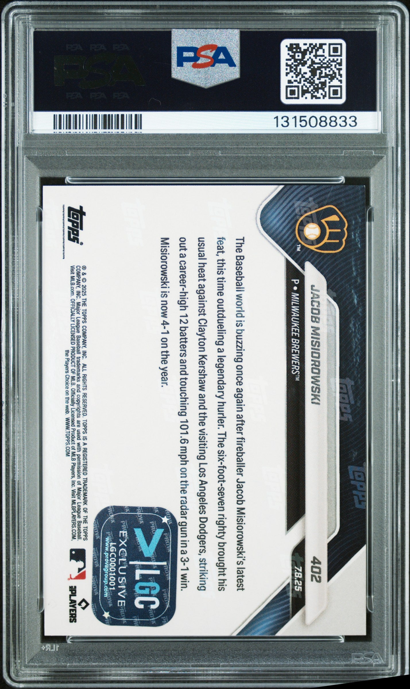 Graded 2025 Topps Now Jacob Misiorowski #402 Gold Foil /50 Rookie RC Baseball Card PSA 9 Auto Grade Mint