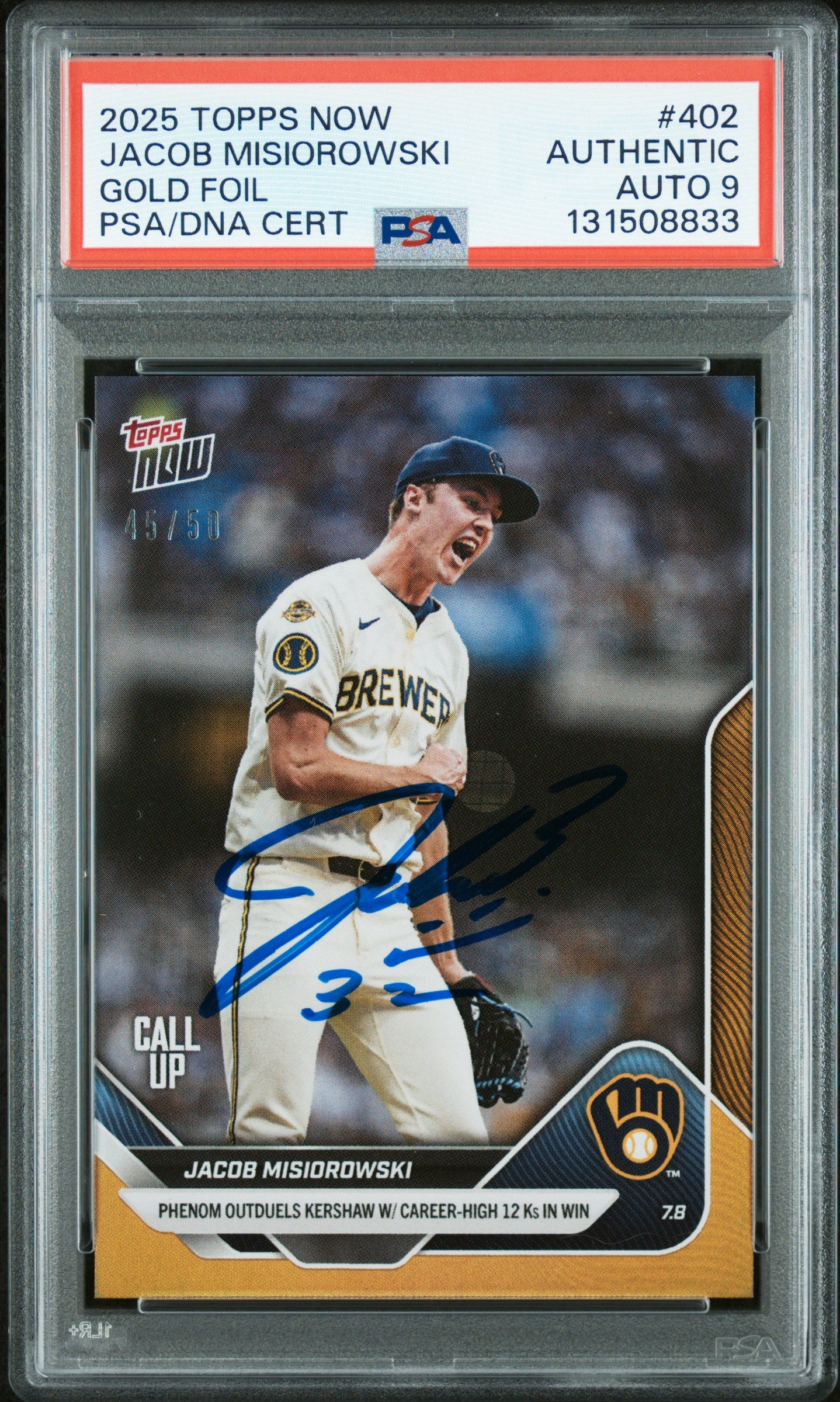 Graded 2025 Topps Now Jacob Misiorowski #402 Gold Foil /50 Rookie RC Baseball Card PSA 9 Auto Grade Mint