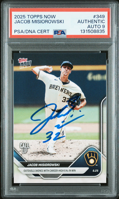 Graded 2025 Topps Now Jacob Misiorowski #349 Rookie RC Baseball Card PSA 9 Auto Grade Mint