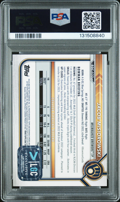 Graded 2022 Topps Bowman Draft Jacob Misiorowski #BDC-132 Chrome Rookie RC Baseball Card PSA 9 Auto Grade Mint