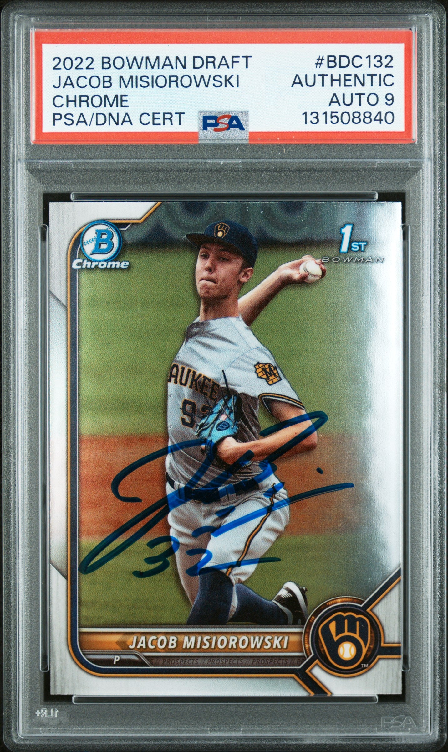 Graded 2022 Topps Bowman Draft Jacob Misiorowski #BDC-132 Chrome Rookie RC Baseball Card PSA 9 Auto Grade Mint