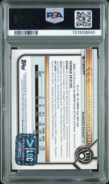 Graded 2022 Topps Bowman Draft Jacob Misiorowski #BDC-132 Chrome Rookie RC Baseball Card PSA 8 Auto Grade Near Mint