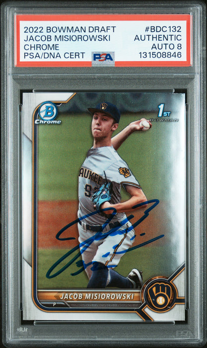 Graded 2022 Topps Bowman Draft Jacob Misiorowski #BDC-132 Chrome Rookie RC Baseball Card PSA 8 Auto Grade Near Mint