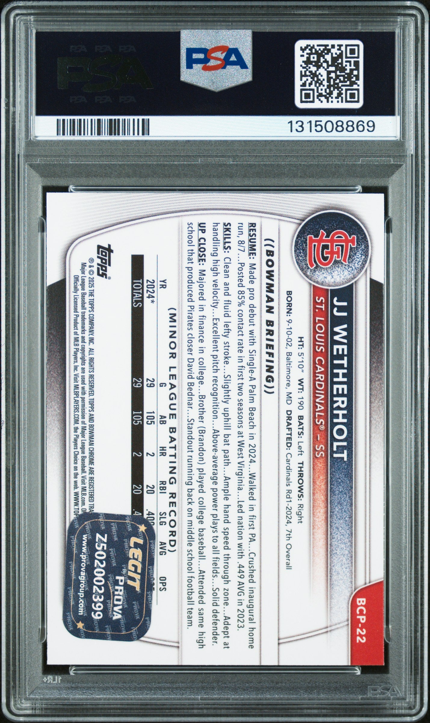 Graded 2025 Topps Bowman JJ Wetherholt #BCP-22 Chrome Prospects Rookie RC Baseball Card PSA 9 Auto Grade Mint