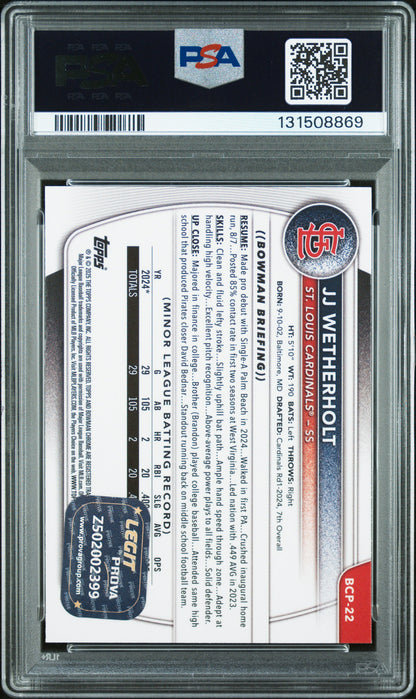 Graded 2025 Topps Bowman JJ Wetherholt #BCP-22 Chrome Prospects Rookie RC Baseball Card PSA 9 Auto Grade Mint