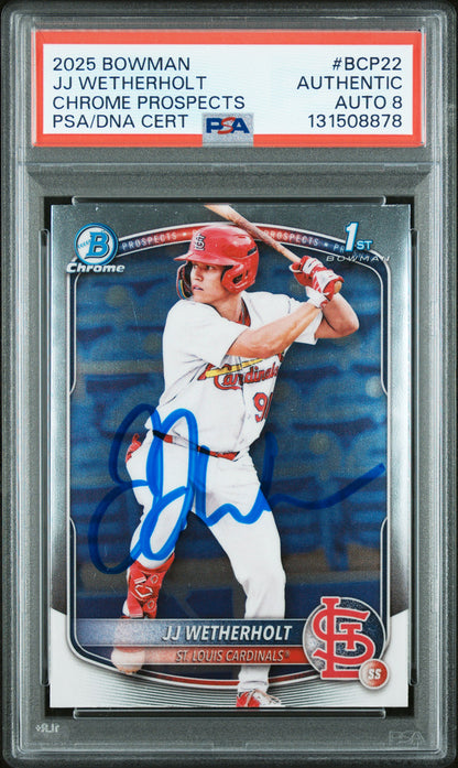 Graded 2025 Topps Bowman JJ Wetherholt #BCP-22 Chrome Prospects Rookie RC Baseball Card PSA 8 Auto Grade Near Mint