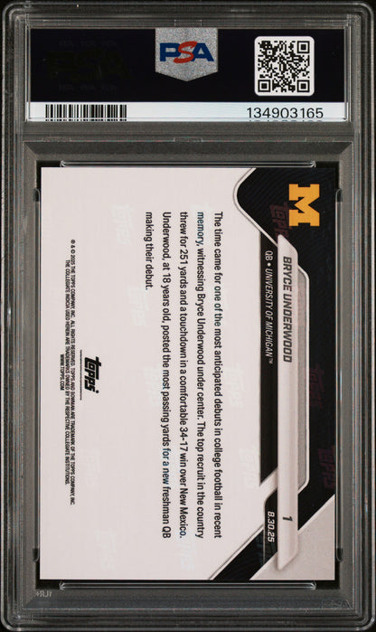 Graded 2025 Topps Bowman U Now Bryce Underwood #1 Orange Foil /25 Rookie RC Football Card PSA 10 Gem Mint