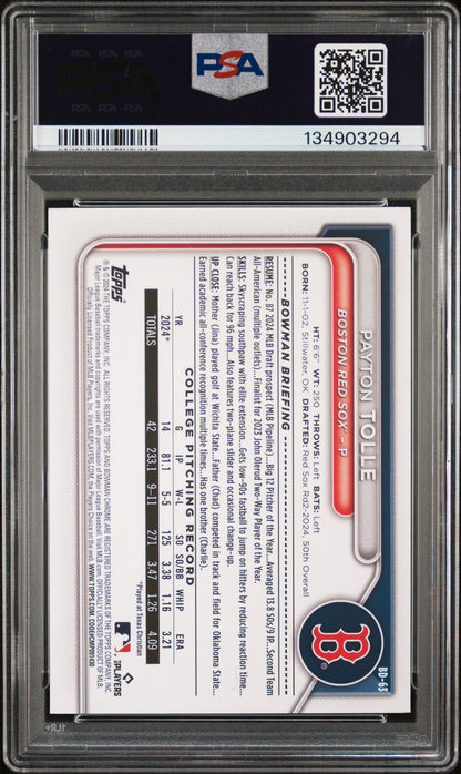 Graded 2024 Topps Bowman Draft Payton Tolle #BD63 Rookie RC Baseball Card PSA 10 Gem Mint