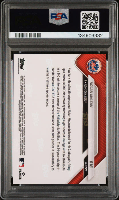 Graded 2025 Topps Now Nolan McLean #616 Rookie RC Baseball Card PSA 9 Mint