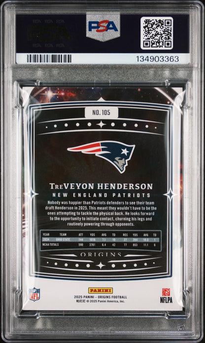 Graded 2025 Panini Origins TreVeyon Henderson #105 Rookie RC Football Card PSA 10 Gem Mint