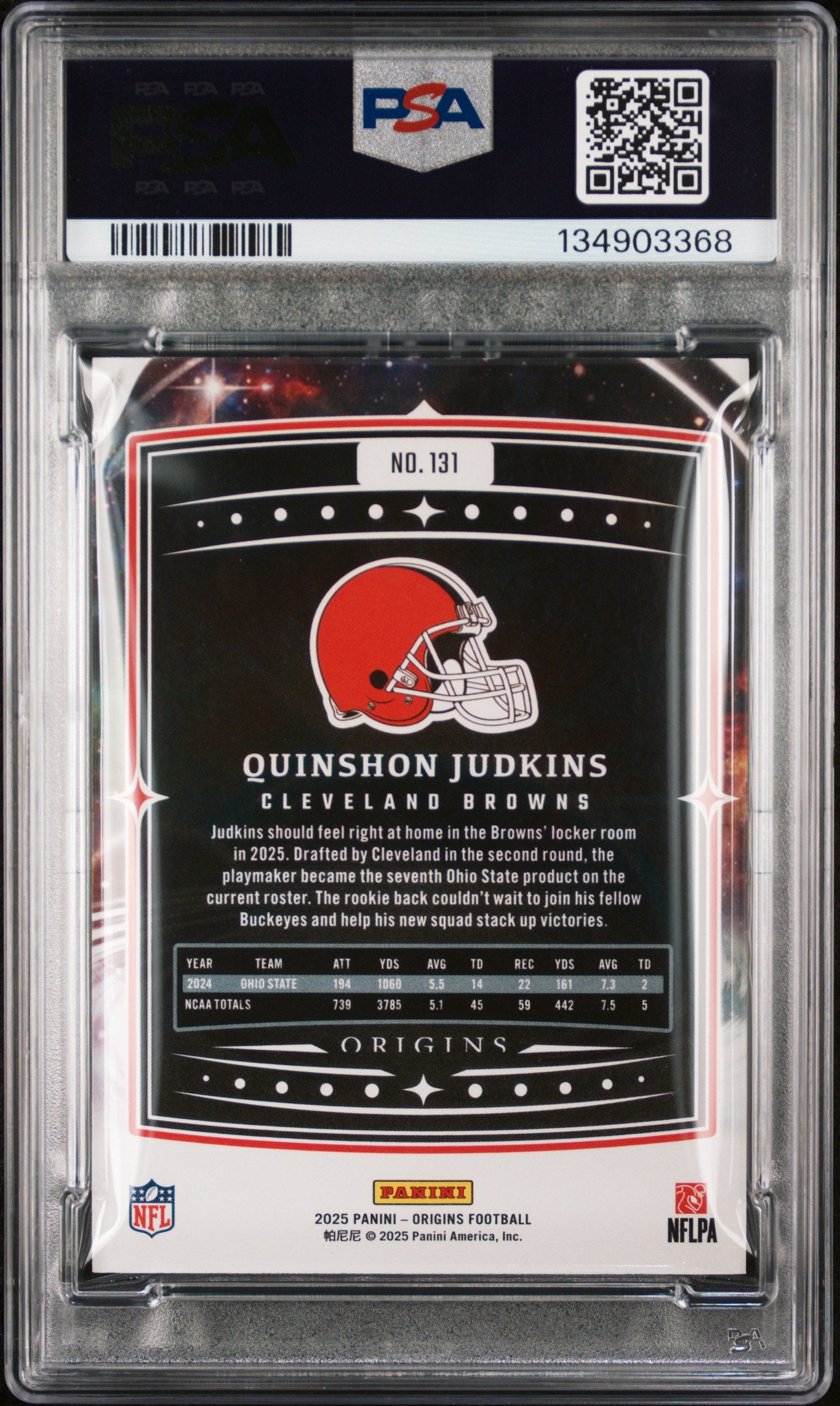 Graded 2025 Panini Origins Quinshon Judkins #131 Rookie RC Football Card PSA 10 Gem Mint