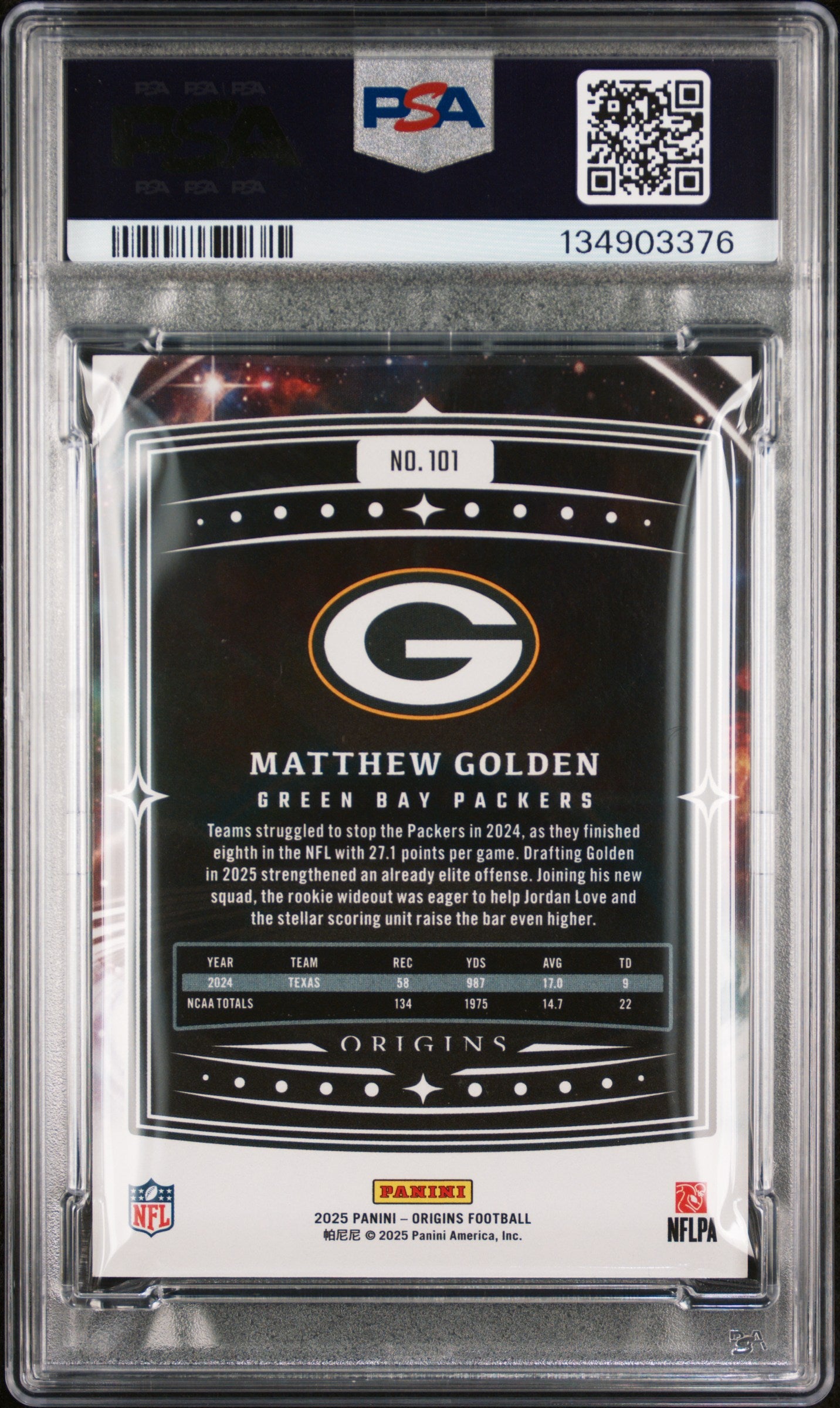 Graded 2025 Panini Origins Matthew Golden #101 Rookie RC Football Card PSA 8 Near Mint