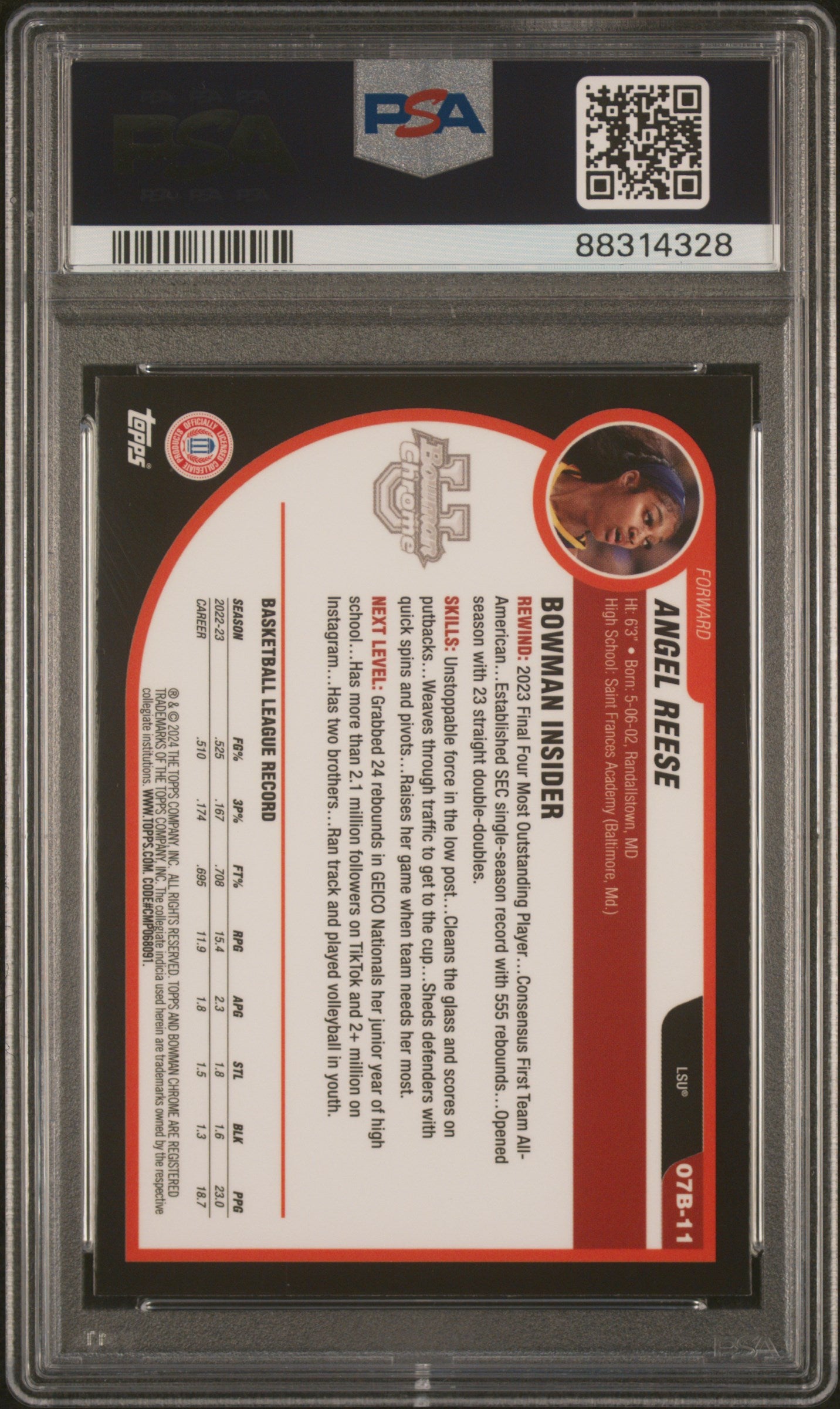 Graded 2023 Topps Bowman U Chrome Angel Reese #07B11 2007-08 Bowman Rookie RC Basketball Card PSA 10 Gem Mint
